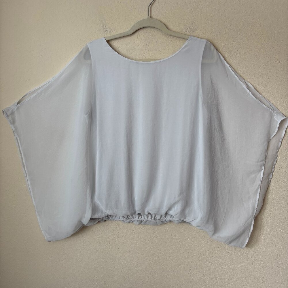 Chico’s NEW Bubble Hem Blouse Sheer Cold Shoulder Top 3/4 Sleeve Mineral Gray